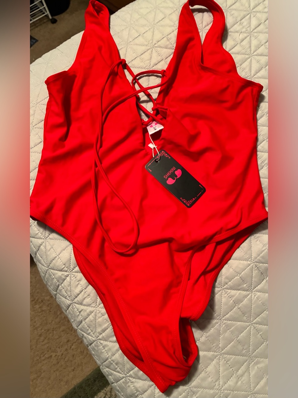 Red 1-Piece Shekini Swimsuit Size L Ties in front! Bright Cute Bathing SWIM Pool